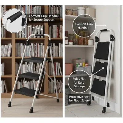 Escabeau pliant noir à 3 marches en acier – image 2