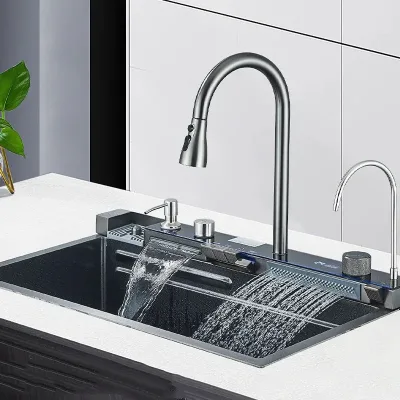 Évier de cuisine cascade inox, cuve simple