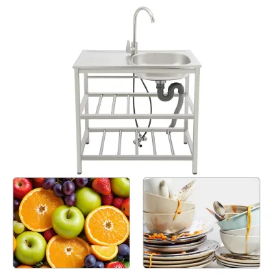 Évier de cuisine inox avec robinet et étagère – image 2