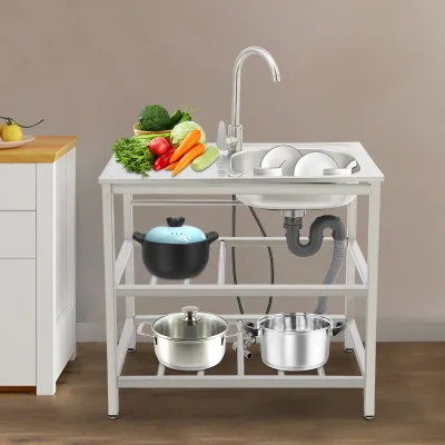Évier de cuisine inox avec robinet et étagère – image 3