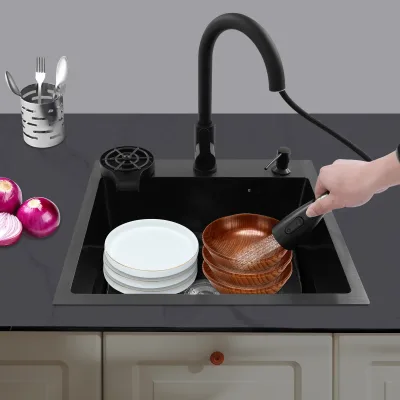 Évier noir cuve simple, robinet extractible – image 2